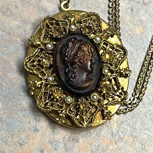 Vintage Gold tone Cameo locket  Pendant on a DFB  pocket watch chain. Stunning